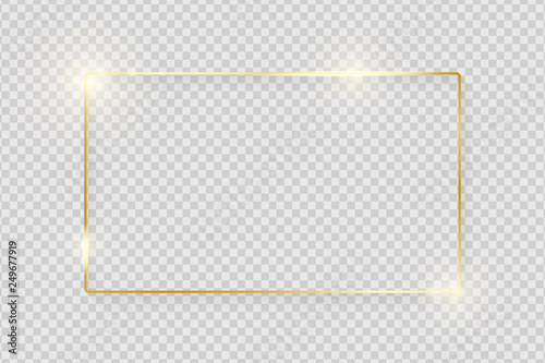 Gold shiny glowing vintage frame with shadows isolated on transparent background. Golden luxury realistic rectangle border. Vector illustration