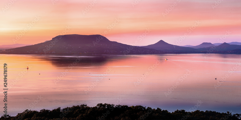 Panorama view of lake balaton sunset, Fonyód, plattensee, hungary with Badacsony