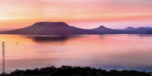 Panorama view of lake balaton sunset, Fonyód, plattensee, hungary with Badacsony photo