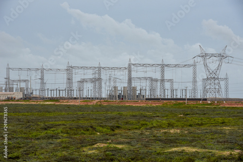 Power station and electric trellis on a field near Atins, Brazil