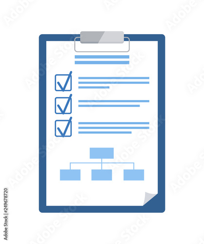 Notepad with checklist and scheme, business plan vector. Check marks and table, pad with project and completed tasks or startup goals isolated icon