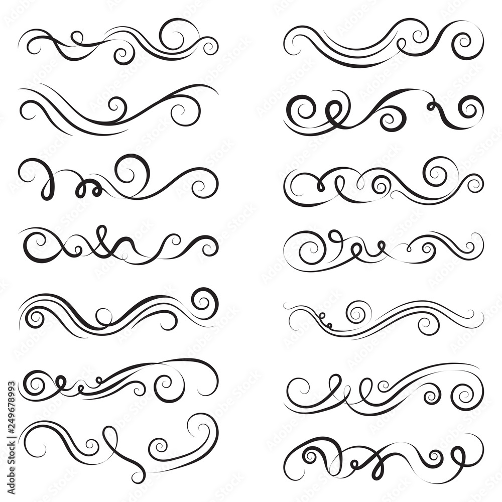 Set of simple curls and scrolls. Decorative divider elements for frames and books. Elegant swirl vector illustration.