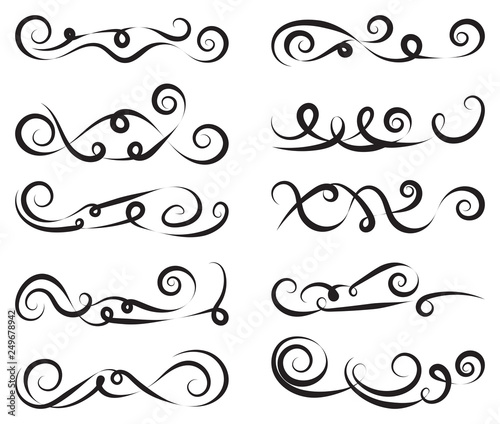 Set of simple curls and scrolls. Decorative divider elements for frames and books. Elegant swirl vector illustration.
