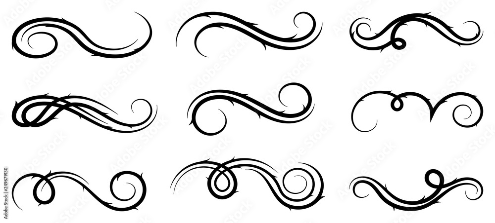 Calligraphic dividers design. Decorative elements and calligraphic borders isolated on white. Vector illustration. Calligraphic dividers design. Decorative elements and calligraphic borders isolated on white. Vector illustration.