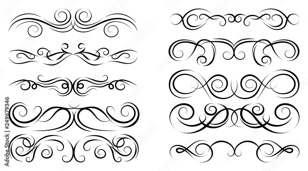 Set of curls and scrolls. Decorative divider elements for frames and books. Elegant swirl vector illustration. 