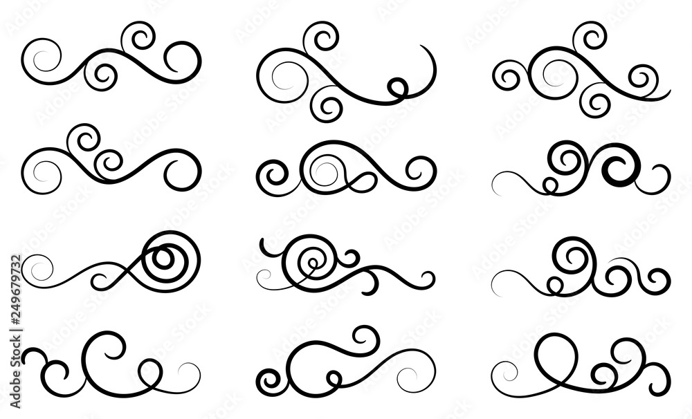 Swirl set of vector graphic elements for design, postcard, menu, wedding invitation, romantic style. Floral set of curls and scrolls. Vector illustration dividers and borders. Swirl set of vector graphic elements for design, postcard, menu, wedding invitation, romantic style. Floral set of curls and scrolls. Vector illustration dividers and borders.
