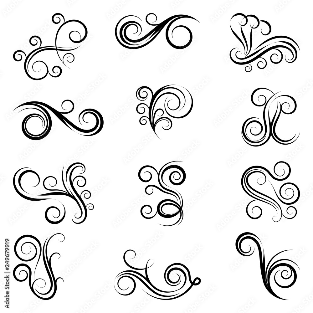 Set of curls and scrolls. Decorative divider elements for frames and books. Elegant swirl vector illustration. Set of curls and scrolls. Decorative divider elements for frames and books. Elegant swirl vector illustration.
