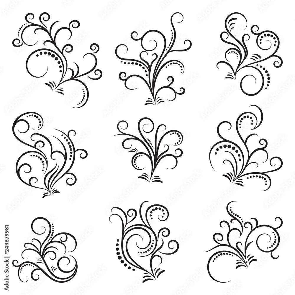 Set of curls and scrolls. Decorative divider elements for frames and books. Elegant swirl vector illustration. Set of curls and scrolls. Decorative divider elements for frames and books. Elegant swirl vector illustration.