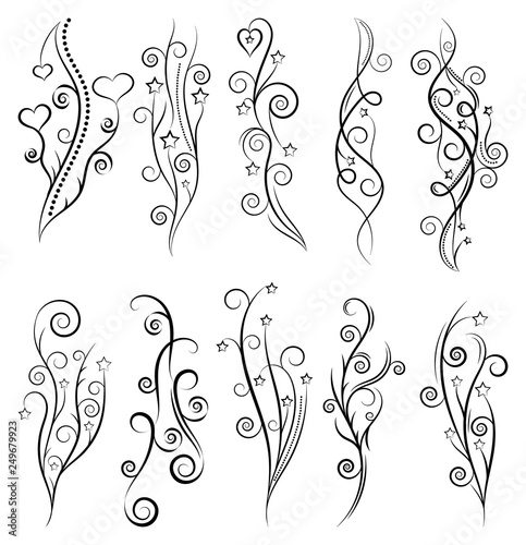 Calligraphic black and elegant swirl dividers collection. Set of curls and scrolls for wall and page decoration, greeting cards and tattoos. Vector calligraphic design border elements illustration.
