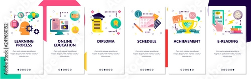 Web site onboarding screens. Online education and learning process. Menu vector banner template for website and mobile app development. Modern design flat illustration.