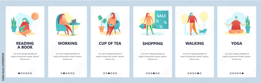 Web site onboarding screens. Hobby and leisure activity. Reading, walking, yoga, shopping. Menu vector banner template for website and mobile app development. Modern design flat illustration.