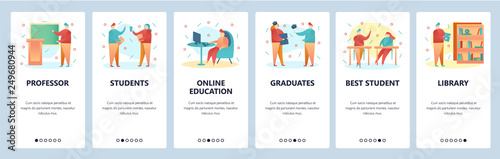 Web site onboarding screens. College education and university students. Menu vector banner template for website and mobile app development. Modern design flat illustration.