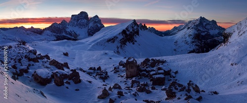 Fototapeta Naklejka Na Ścianę i Meble -  Fantastic sunrise in the Dolomites mountains, South Tyrol, Italy in winter. Italian alpine panorama with steep rocky walls, Monte Pelmo in dramatic light. Christmas or Happ new Year time.
