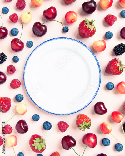 Berry food frame with empty white plate in the middle.
