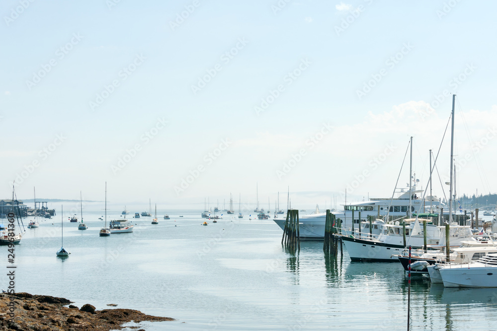 Upscale yachts and small fishing boats in the marina of touristic Southwest Harbor, Mount Desert island, Maine coast, USA