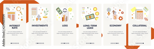 Web site onboarding screens. Finance and banking system icons, bank loan, investments. Menu vector banner template for website and mobile app development. Modern design flat illustration.