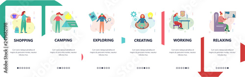 Web site onboarding screens. People activity. Shopping, camping, reading, wotking. Menu vector banner template for website and mobile app development. Modern design flat illustration.