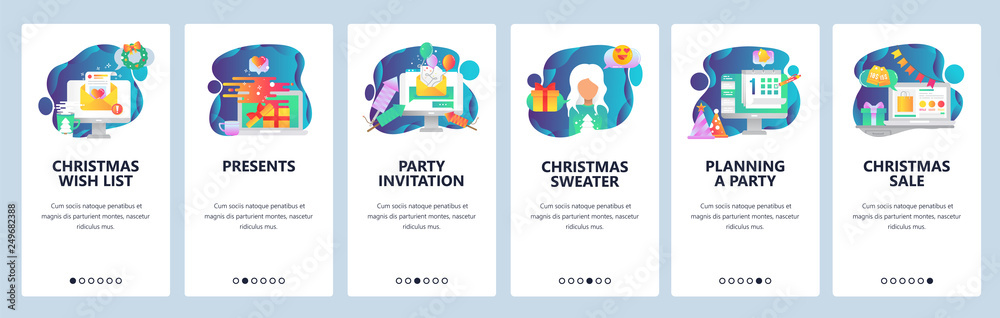 Web site onboarding screens. Christmas holiday celebration. Menu vector banner template for website and mobile app development. Modern design flat illustration.