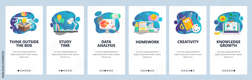Web site onboarding screens. Education, knowledge, studying and creativity. Menu vector banner template for website and mobile app development. Modern design flat illustration. - obrazy, fototapety, plakaty 