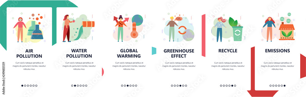 Web site onboarding screens. Ecology, Air and water pollution, industrial waste, global warming. Menu vector banner template for website and mobile app development. Modern design flat illustration.