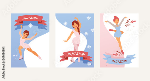Figure skating vector girl character skates on invitation card to competition and professional girlie skater illustration backdrop set of kids athlete dancing on ice background photo