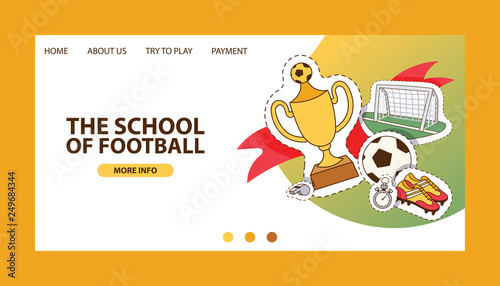 Soccer vector landing page soccerball football pitch and sportswear of footballer or soccerplayer web-page illustration backdrop set of footballing clothes wallpaper web-site trophy cup background