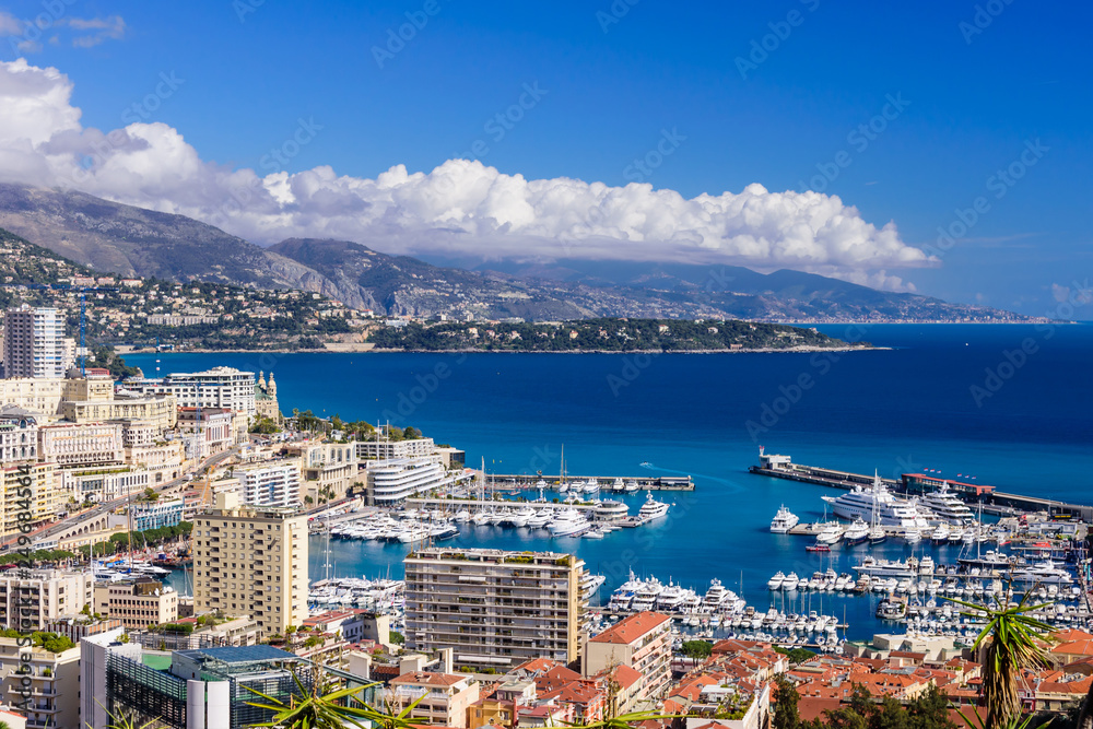 Cityscape and harbor of Monte Carlo. Aerial view of Monaco on a Sunny day, Monte Carlo, Principality of Monaco