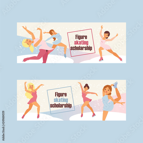 Figure skating vector backdrop girl character skates on competition and professional girlie skater illustration wallpaper set of people athlete training dancing on ice background photo