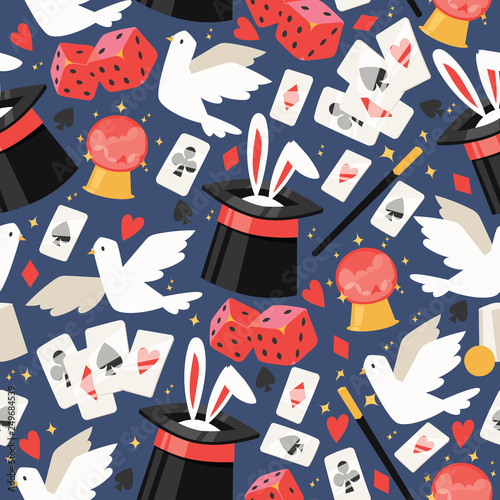 Magician vector seamless pattern illusionist show magic illusion playing cards and magical illusionism on backdrop and cartoon show performance with bunny dove background set illustration