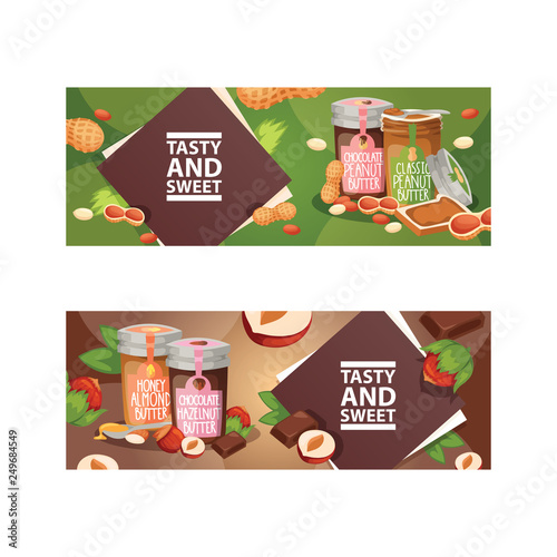 Nut vector nutshell of hazelnut with butter chocolate honey in glass jar set backdrop organic food cashew walnut and almond nuts peanut and chestnuts nutmeg illustration background banner