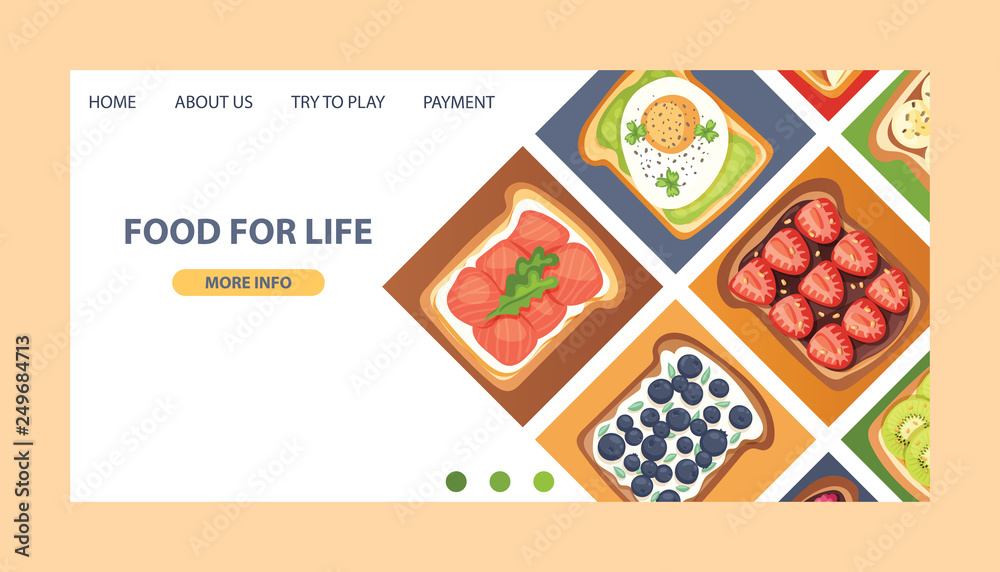 Toast vector landing page sandwich healthy toasted food with bread vegetables fruits egg snack for breakfast web-page illustration backdrop with sliced tomato and cut sausages web site background