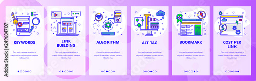 Web site onboarding screens. SEO, digital marketing and website advertisement. Menu vector banner template for website and mobile app development. Modern design flat illustration.