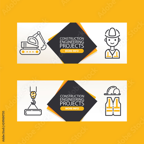 Builder vector building construction for newbuild backdrop outline industry illustration constructing industrial excavator power shovel buildup banner set of background