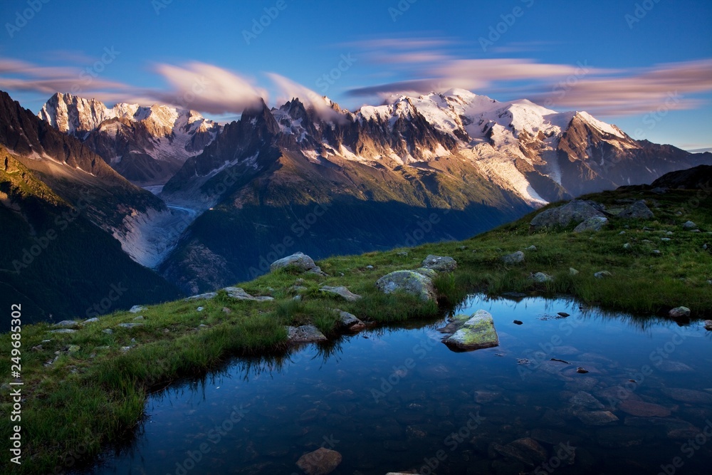 Views of the Mont Blanc glacier with Lac Blanc (White Lake). Popular tourist attraction. Picturesque and gorgeous scene. Location place Nature Reserve Aiguilles Rouges, Graian Alps, France, Europe