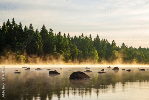 Forest lake with boulders in sunrise.