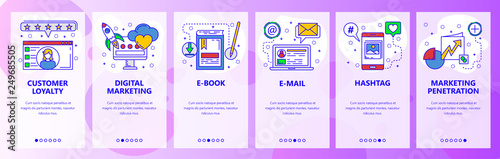 Web site onboarding screens. Digital marketing, customer review, photo sharing. Menu vector banner template for website and mobile app development. Modern design flat illustration.