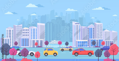 Cityscape with large modern buildings  urban transport  traffic on street  park with color trees and  river. Highway with cars on blue background.