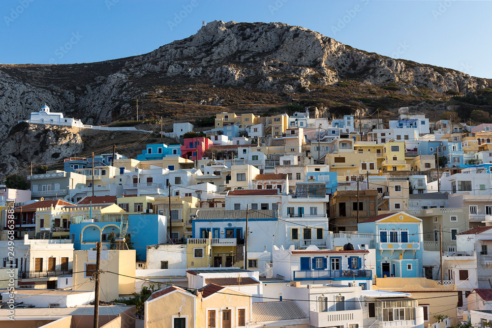 Karpathos island, colourful houses of Nenetes village  at sundown, Dodecanese Islands, Greece