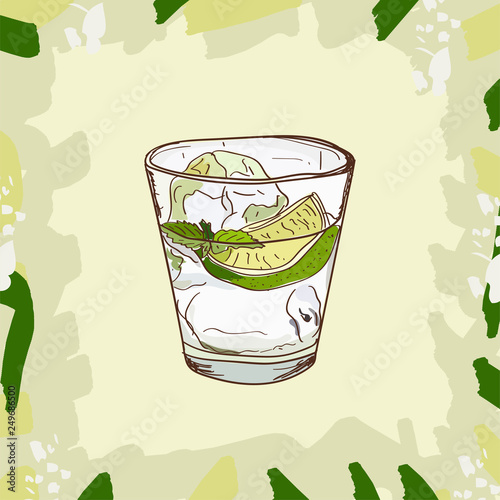 Gin and Tonic cocktail illustration. Alcoholic classic bar drink hand drawn vector. Pop art