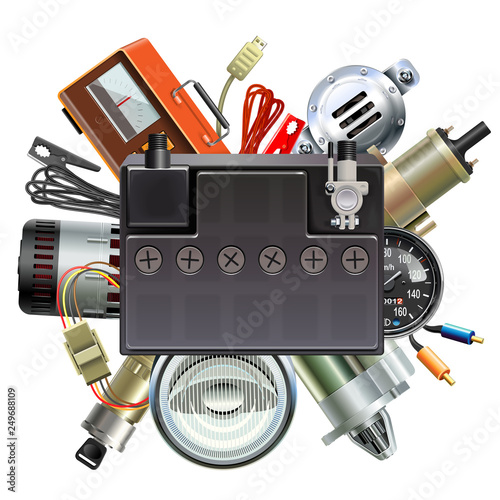 Vector Car Parts Concept with Car Battery