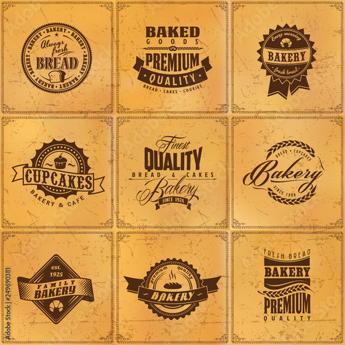 Vector bakery logo template set on vintage pattern