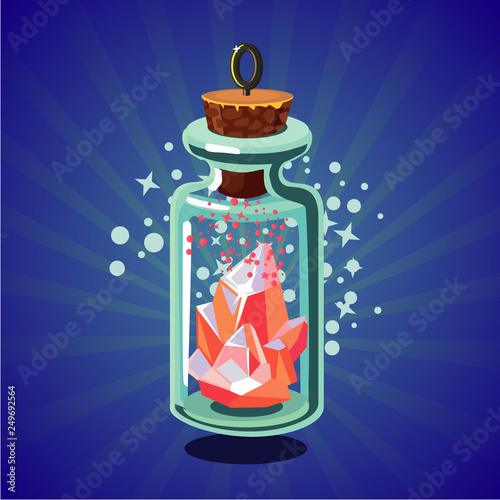 Fantasy catoon bottle with crystal. Bright magic stone. Game design concept.