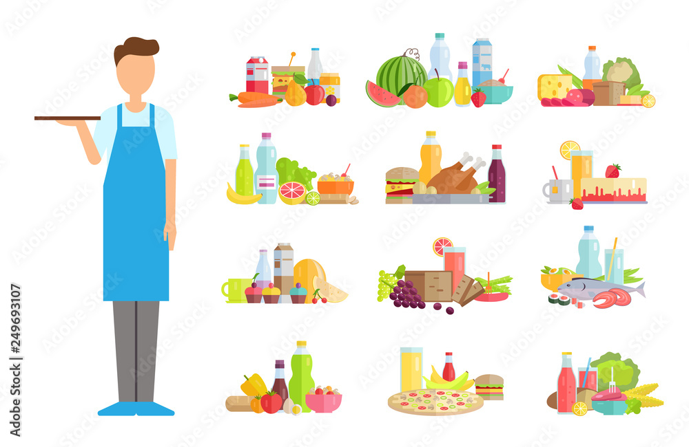 Serving man, waiter wearing apron vector. Isolated worker, burger and chicken poultry, bottle with beverage drink, fruits and vegetables tasty meal Serving man, waiter wearing apron vector. Isolated worker, burger and chicken poultry, bottle with beverage drink, fruits and vegetables tasty meal