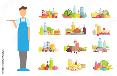 Serving man, waiter wearing apron vector. Isolated worker, burger and chicken poultry, bottle with beverage drink, fruits and vegetables tasty meal