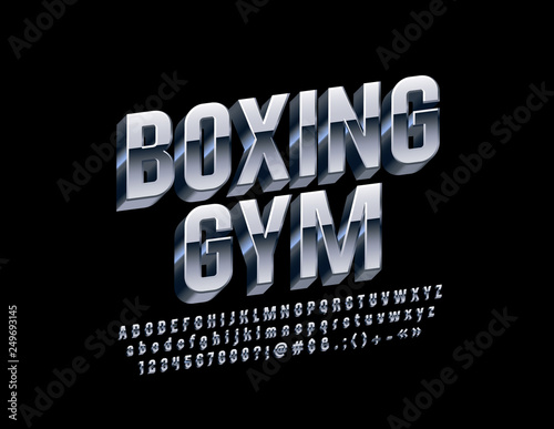 Vector Silver emblem Boxing Gym with 3D Alphabet Letters, Numbers and Symbols. Metallic glossy Font