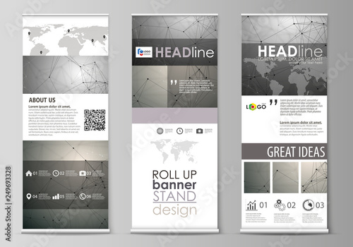 Roll up banner stands, flat design templates, geometric style, corporate vertical vector flyers, flag layouts. Chemistry pattern, molecule structure on gray background. Science and technology concept.