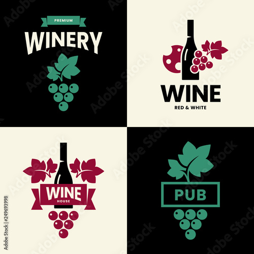 Modern wine vector isolated logo collection for tavern, restaurant, house, shop, store, club and cellar. Premium quality vinery logotype illustration set. Fashion brand badge design template bundle.