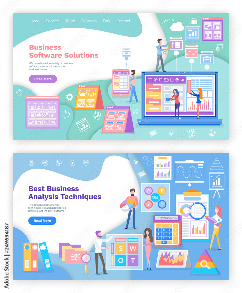Analysis techniques and business software solutions web page vector. Graphics and laptop, calculator and folders, website or landing page flat style