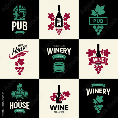 Modern wine vector isolated logo collection for tavern, restaurant, house, shop, store, club and cellar. Premium quality vinery logotype illustration set. Fashion brand badge design template bundle.