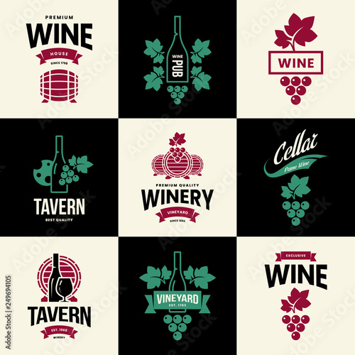 Modern wine vector isolated logo collection for tavern, restaurant, house, shop, store, club and cellar. Premium quality vinery logotype illustration set. Fashion brand badge design template bundle.